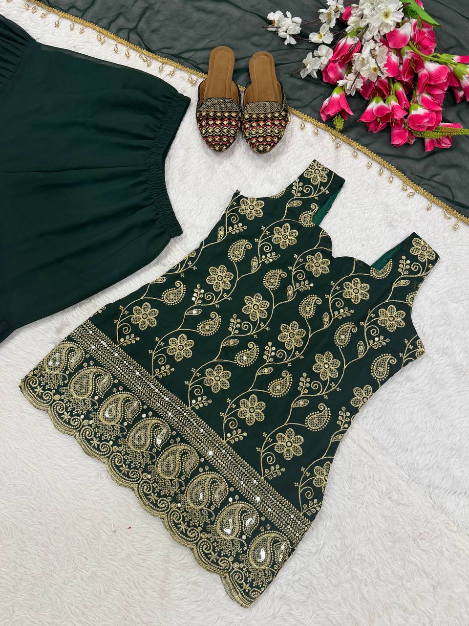 Deep Ruby Floral-Embroidered Silk Set
